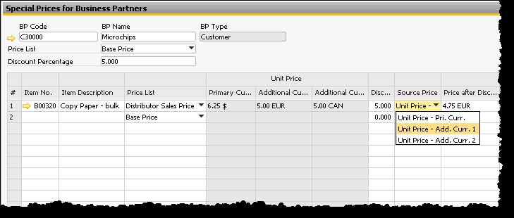 Additional Currencies for Special Prices Inventory > Price Lists > Period and Volume Discounts