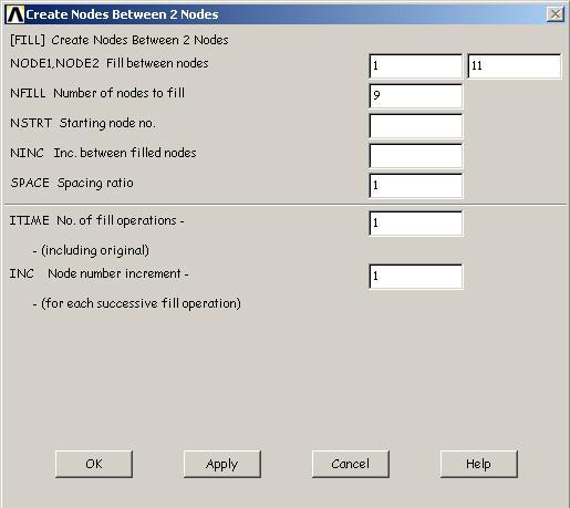 Main Menu: Preprocessor Modeling Create Nodes Fill between Nds 7 8 9 Pick node (on the coordinate system origin) and node OK to