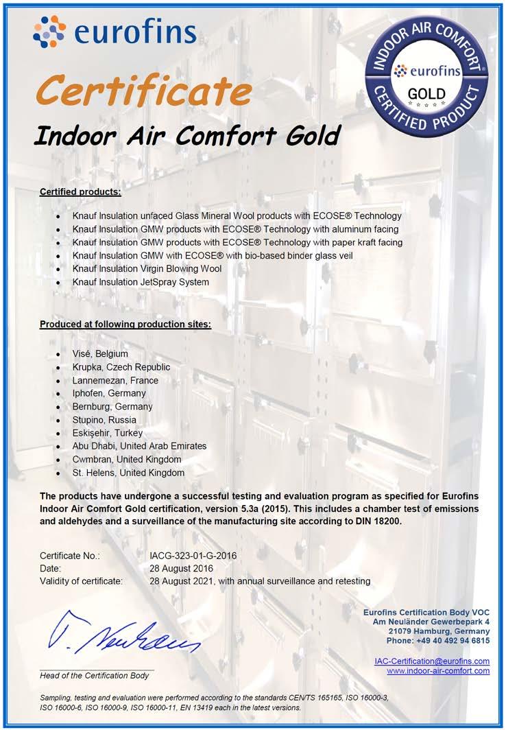 Annexe 1: Hea 02 : Indoor Air Quality Here below the Eurofins Indoor Air Comfort Gold