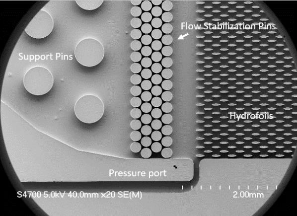 Row of Hydrofoil Pins Support Pin Separation Distance Fig. 3. SEM image of microchannel with relevant features Support Pin Fig. 6. Top view of the features of structural model Flow Direction Fig. 4.