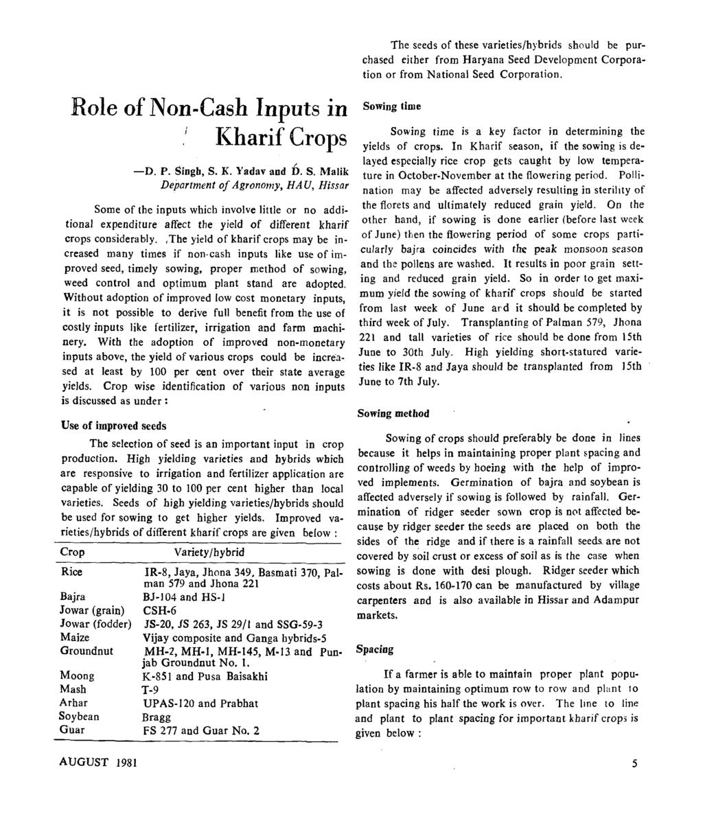 Role of Non-Cash Inputs in I(harif Crops -D. P. Si