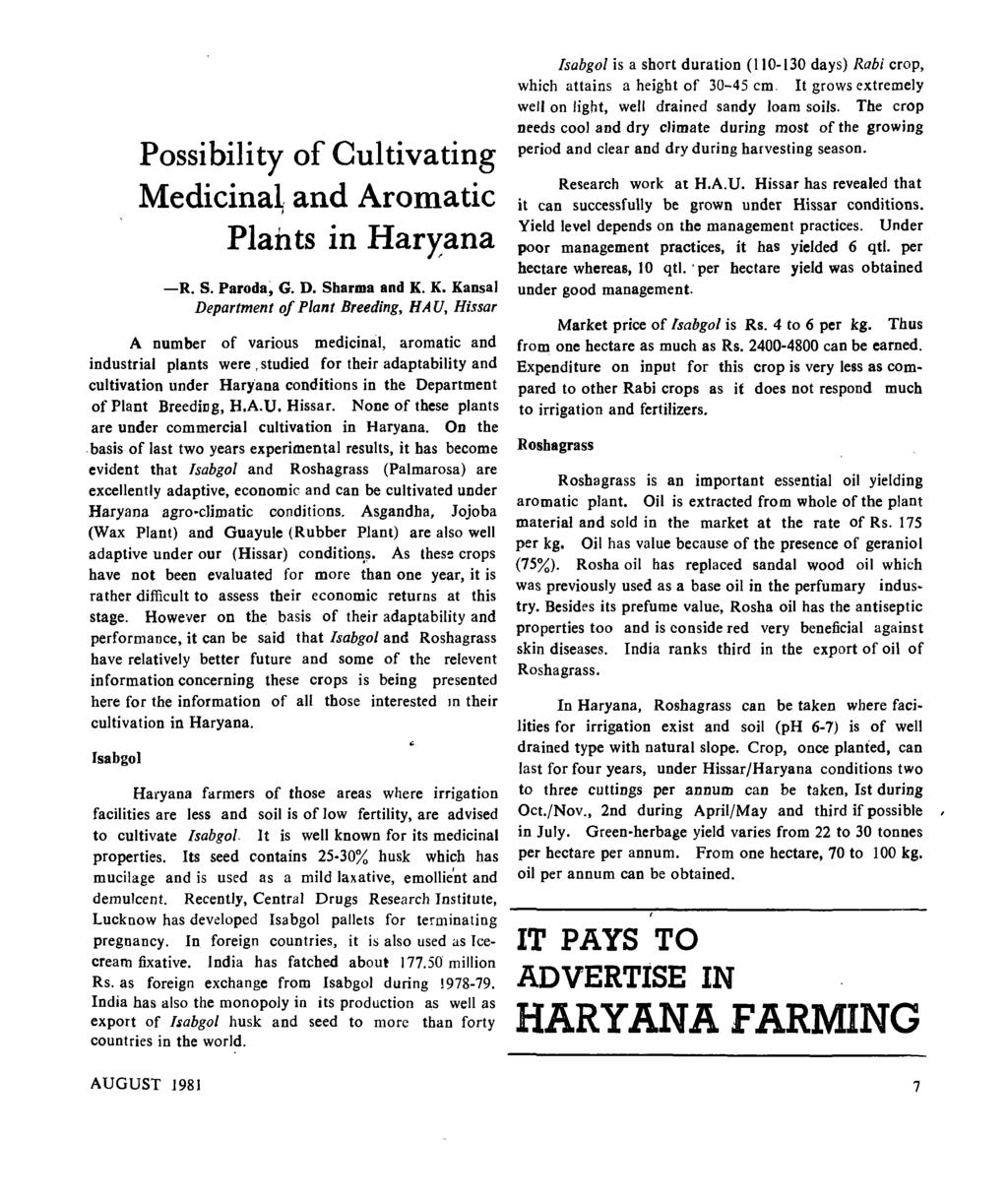 Possibility of Cultivating Medicinal, and Aromatic Plants in Haryana -R. S. Paroda~ G. D. Sharma and K.