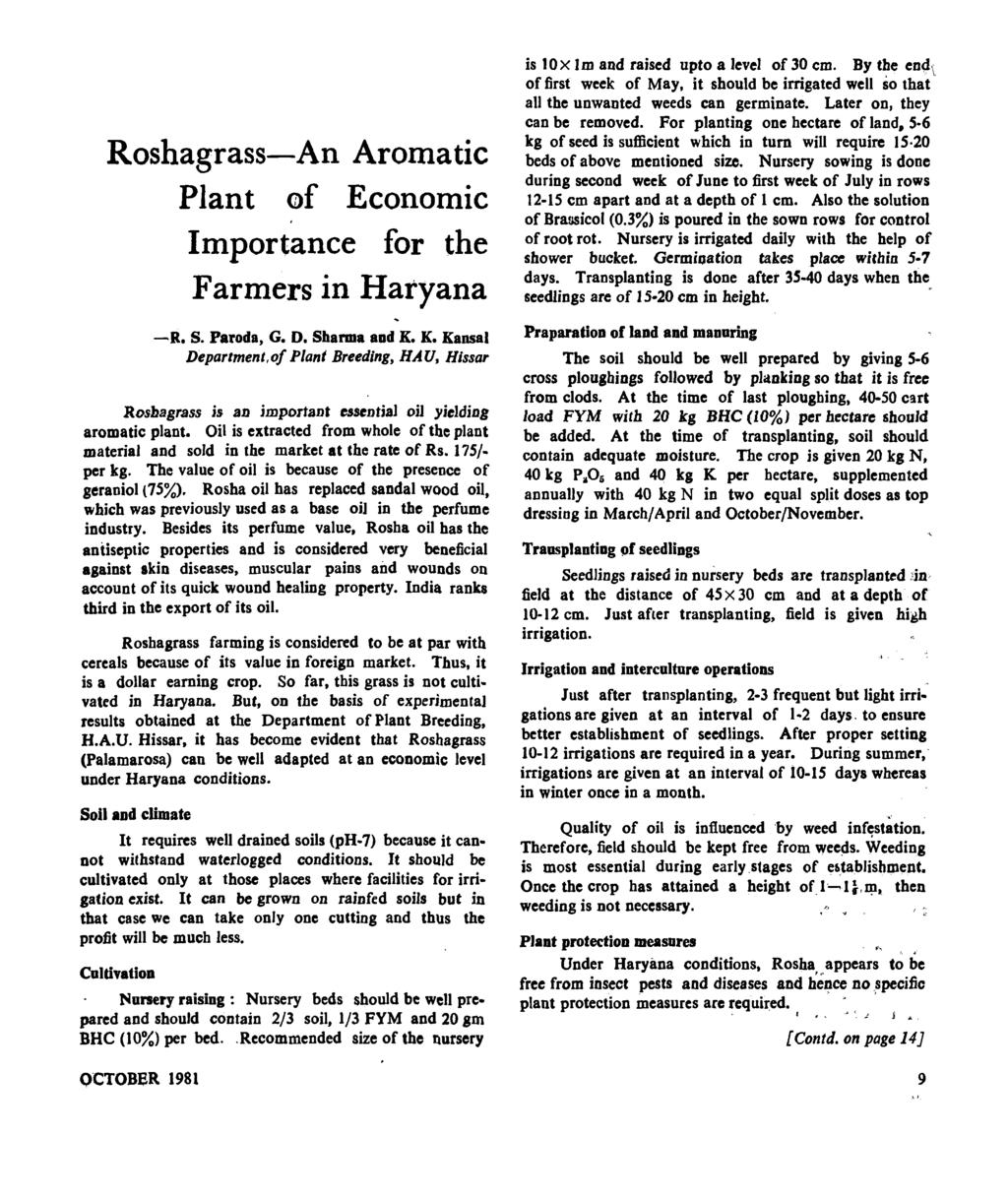 Roshagrass-An Aromatic Plant of Economic Importance for the Farmers in Hatyana -R. s. Paroda, G. D. Sharma aad K.