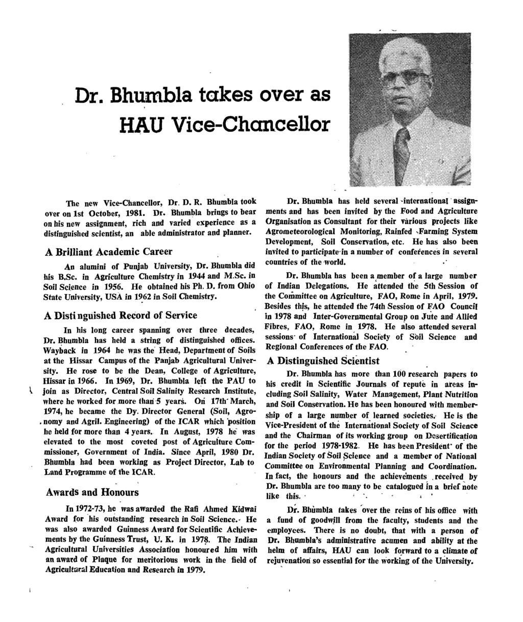 Dr. Bhumbla takes over as HAU Vice-Chancellor The new Vice-Chancellor, Dr,