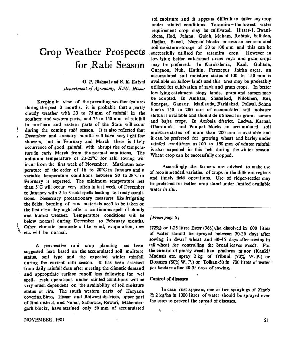 Crop Weather Prospects for JRabi Season -0. P. Bisbnoi and S. K.