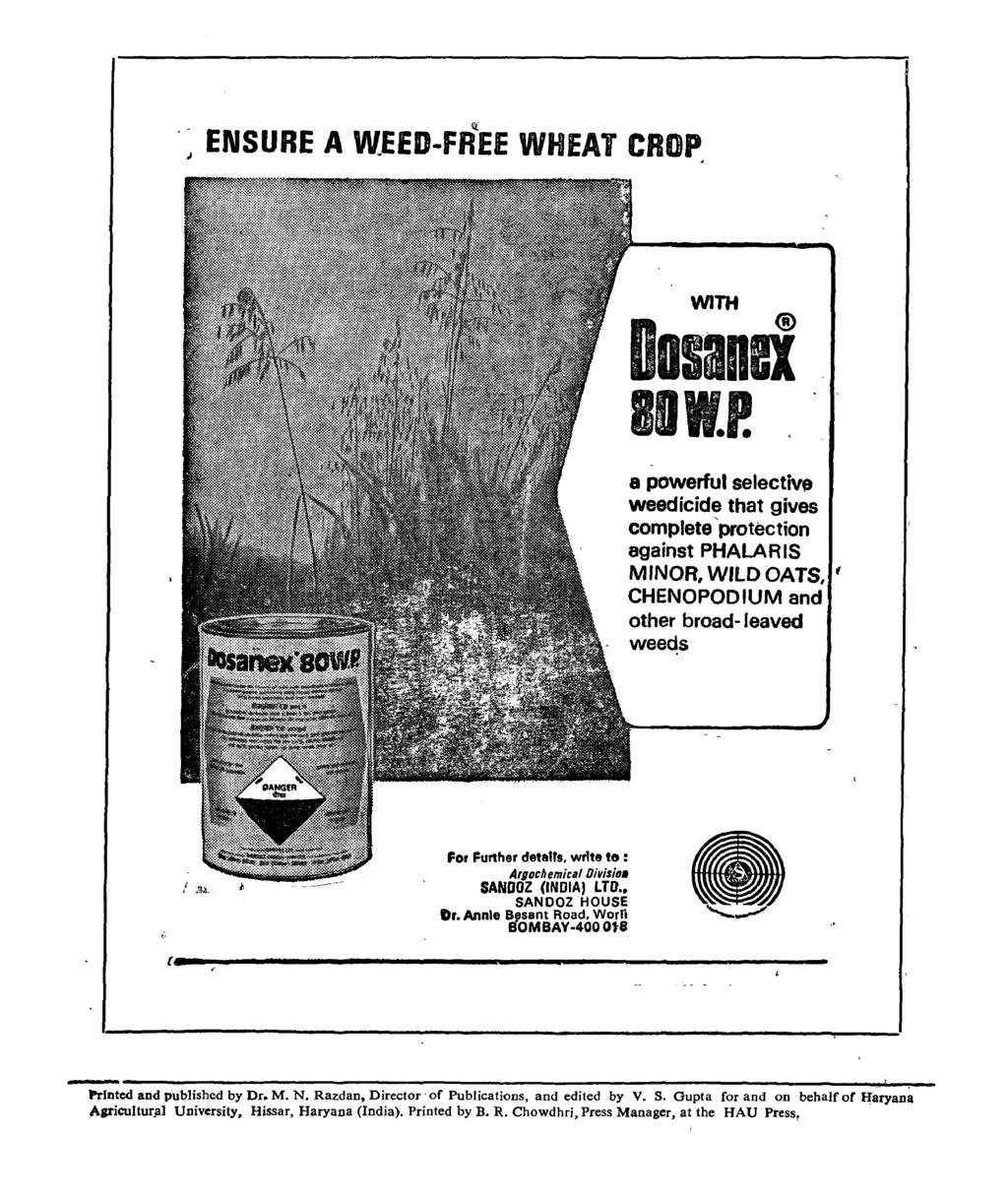 J ENSURE A WEED-fREE WHEAT CROP Ii: WITH DosanBi BOw.P. a powerful selectiv, weedicide that gives complete 'protection against PHALARIS MINOR, WILD OATS, ( CHENOPODIUM and other broad- leaved weeds For Further deta"!