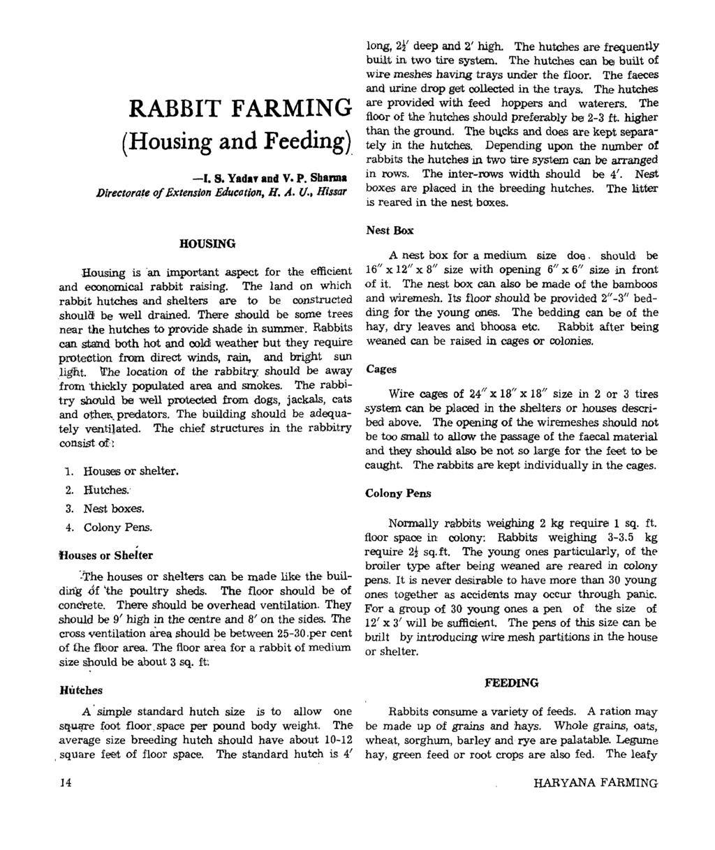 RABBIT FARMING (Housing and Feeding). -I. s. Yadaf and V. P. Sharma Directorate of Extension Education, H. A. U.