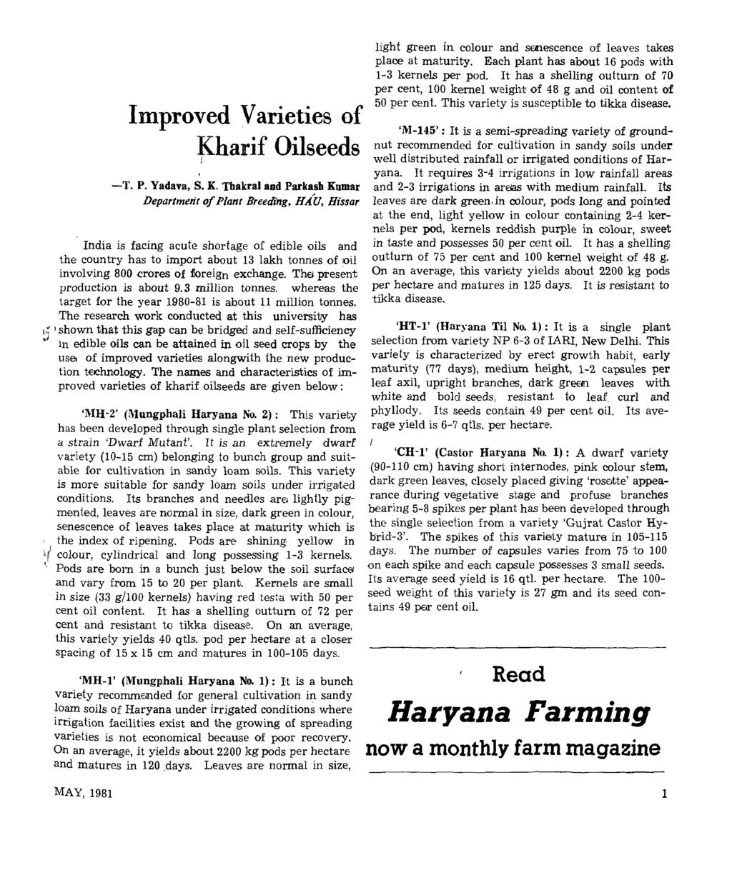 Improved Varieties of l\-harif Oilseeds -T. P. Yadava, S. K.