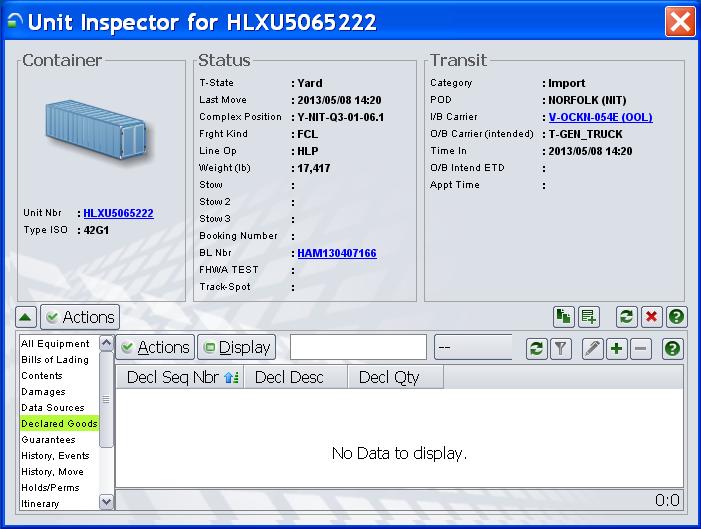 Unit Inspector>Details pane>declared Goods. To display click on the tab.
