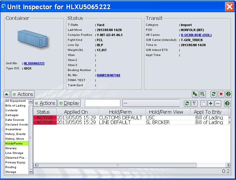 Unit Inspector>Details pane>holds/perms. To display click on the tab.