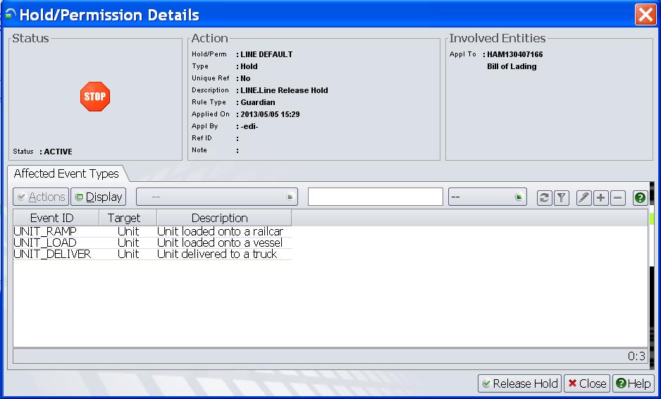Unit Inspector>Details pane>holds/perms Hold/Permissions Details View.