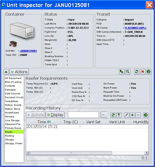 Unit Inspector>Details pane>reefer. To display click on the tab.