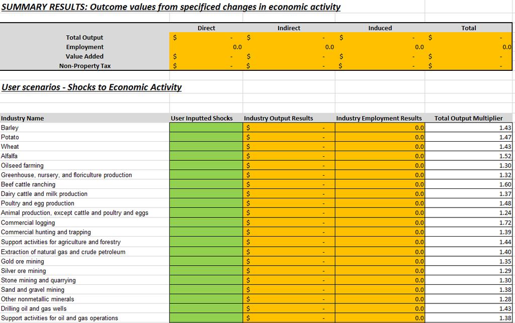 Figure 16. Screenshot of Input Spreadsheet in the What-If tool. Once shocks are entered, the tool then displays the economic impacts to each sector in the orange cells.