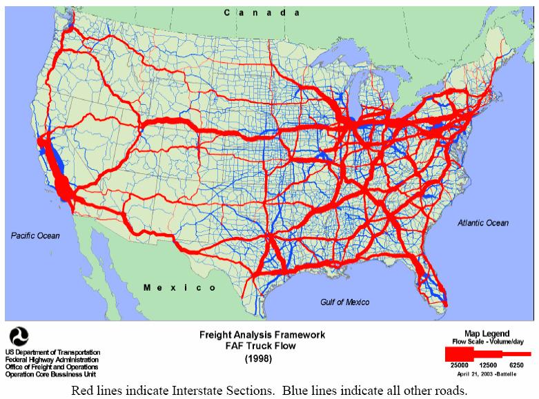 Figure 4.2: Truck Flow and Highway Interstate Congestion (Source: U.S. DOT, 1998) 4.2.2 Air Pollution Freight transportation is a major source of air pollution.