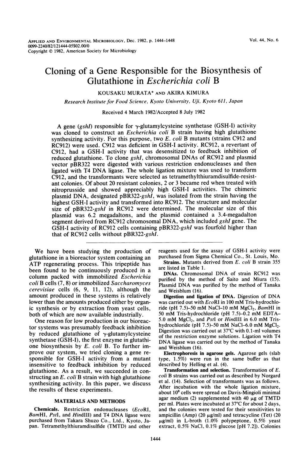 APPLIED AND ENVIRONMENTAL MICROBIOLOGY, Dec. 1982, P. 1444-1448 Vol. 44, No. 6 0099-2240/82/121444-05$02.