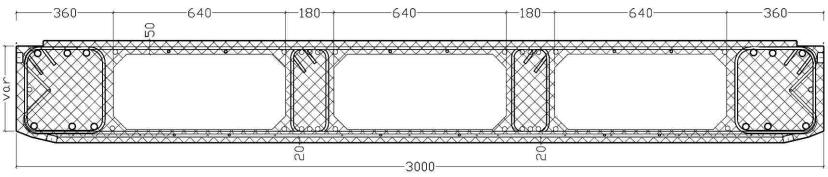 Fig. 8 Main section of the deck (hatched zone indicates RC, dimensions in mm) The rotated pylon was a monolithic 35 m steel pipe (812 mm external diameter) with a second external, cold-formed co