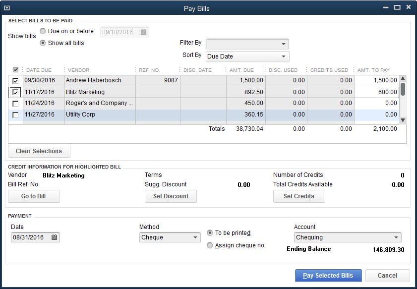 Paying Bills Paying Bills All bills entered in QuickBooks should be paid through the Pay Bills window.