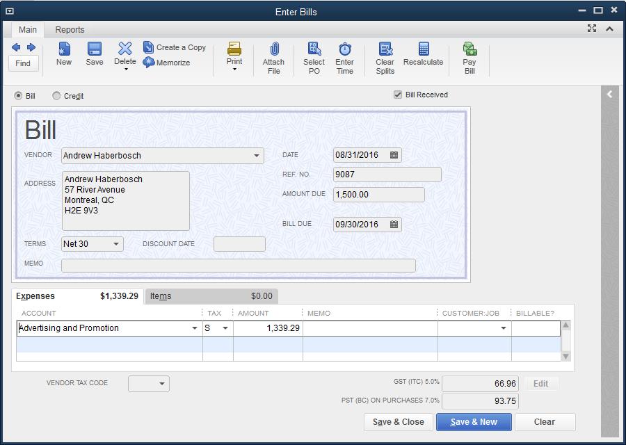 Entering Bills Entering Bills When you receive a bill from a vendor, you should enter it into QuickBooks as soon as you can.