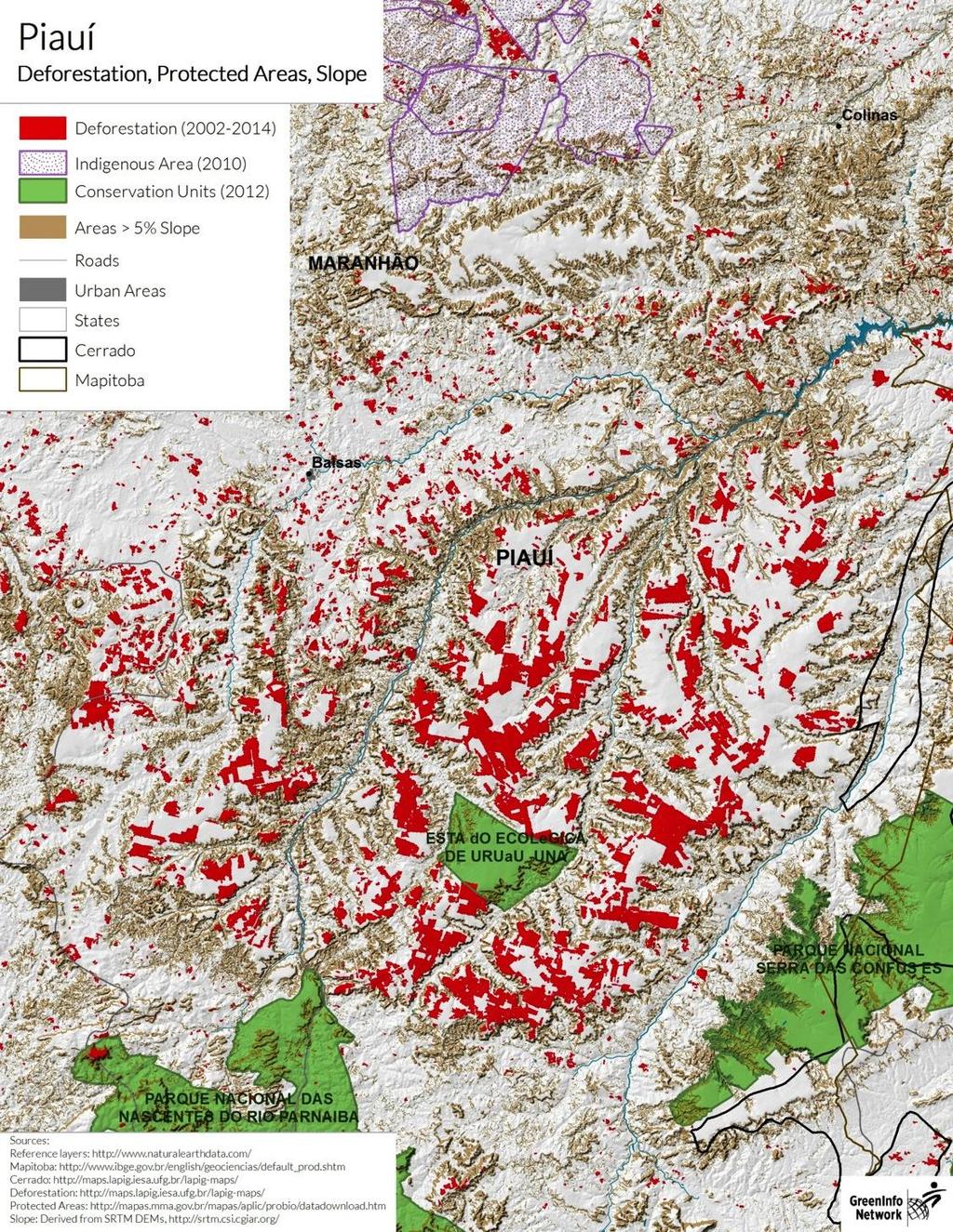 Generally, fires are most common in the areas experiencing high deforestation, though burned area is very high in the northwest boundary of the Cerrado, even though the deforestation