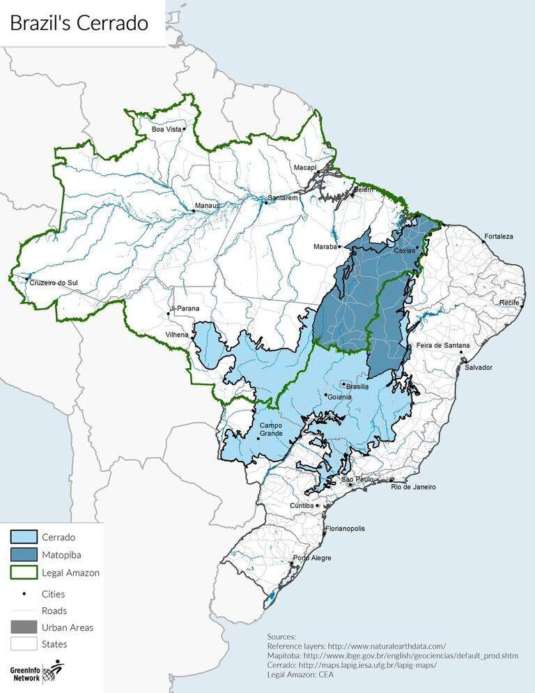 The Cerrado is a tropical savanna that occupies the central part Brazil, north of São Paulo and Rio de Janeiro, and south and east of the Amazon.