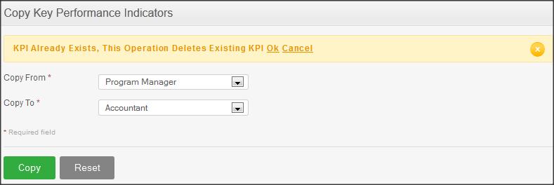 10.3 Copy KPI You may copy a KPI from one job title to another through this feature. To do so, go to Performance>> Copy KPI and the screen as shown in Figure 18.8 will appear.