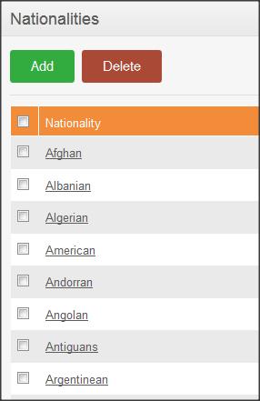 4: Nationalities List To delete a nationality, click on the check box next to the Nationality name.