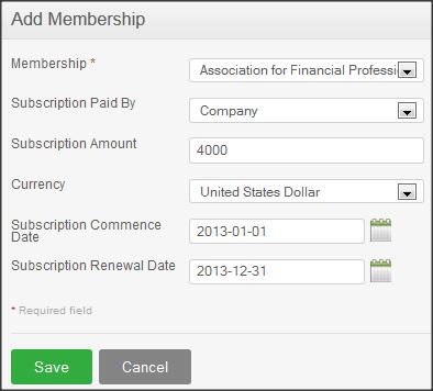Figure 9.5: Add Membership Details Click Save once all the fields are entered and the particular work experience will be listed as shown in Figure 9.
