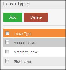 Figure 10.0: Leave Types List To delete a leave type, click on the check box next to the Leave Type name.