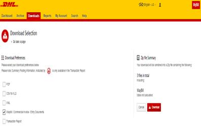 Select the option you wish to view. If no paperwork available for Waybill chosen and additional help is needed please contact DHL.