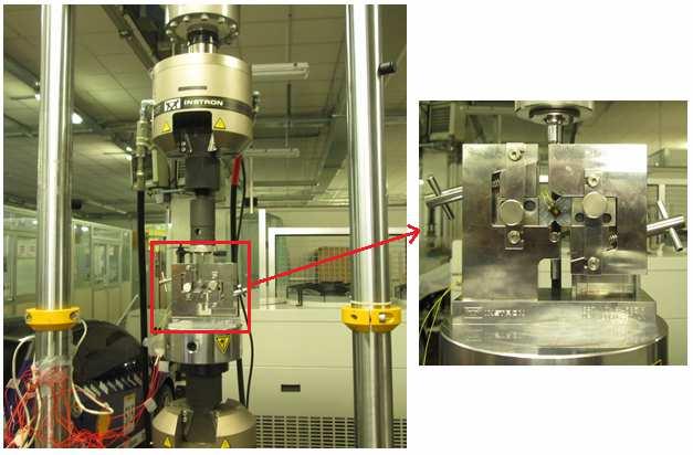 Figure 17: Test set-up and specimen fixture used for shear test A 100 kn capacity servo-hydraulic testing machine (INSTRON-8801) with proper specific shear test fixture, as shown in Figure 17, was