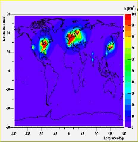 Nuclear Power Around The World This map shows the flux of neutrinos that are created by nuclear reactors around the world.