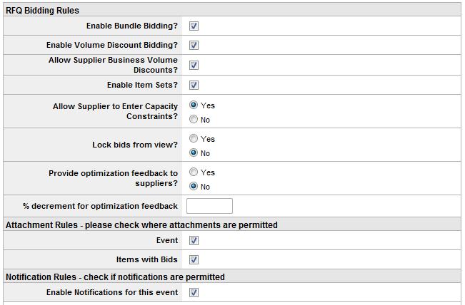 Define Bidding Rules, continued Enable Item Sets: Turns the Set functionality on. Allows buyers to create item sets such as All-or-None sets or Substitution sets.