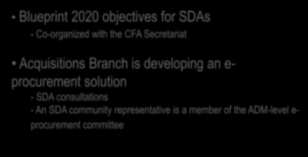 Measures Blueprint 2020 objectives for SDAs - Co-organized with the CFA Secretariat Acquisitions Branch is developing an e-