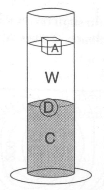 Objects are not drawn to scale.] 28. Water (W) was added to the graduated cylinder containing liquid C.