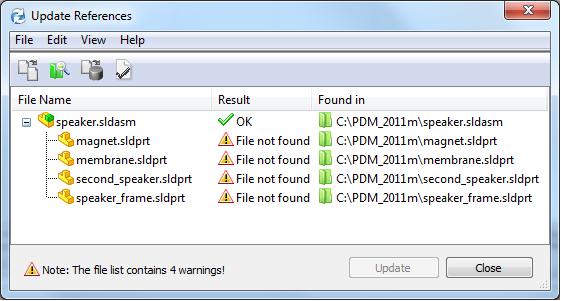 Using the Update References Tool SolidWorks Enterprise PDM 2011 has a new tool available to help users find and connect missing references with parent files.