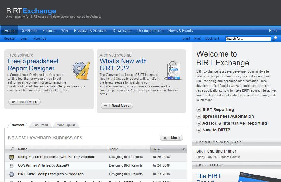 Our Online Sales Engineer BIRT Exchange Community Site Centralized hub for BIRT developers Access demos, tutorials, tips, techniques and documentation Contribute code and content Share knowledge