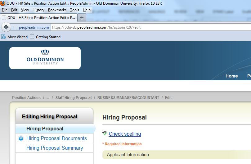 The HM will use the navigation tabs under, Editing Hiring Proposal, to move