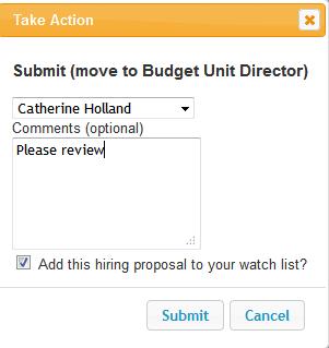 A Take Action button will appear with further instructions: If the HM has selected to move the Hiring Proposal to the BUD, they will receive an email notification that