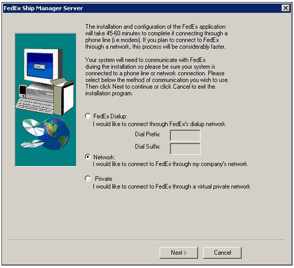 Chapter 1: Installation of FedEx Ship Manager Server 12. The network options screen lets you specify how the setup program should communicate with FedEx (see Figure 1-9).