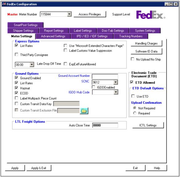 Figure 2-34: Meter Settings Tab Note: FedEx Electronic Trade Documents will default to off when a new meter is added. 3.