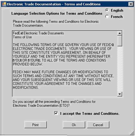 Figure 2-35: FedEx Electronic Trade Documents Terms and Conditions Screen Note: The date and meter number will be captured and retained in a log file after the terms and conditions are