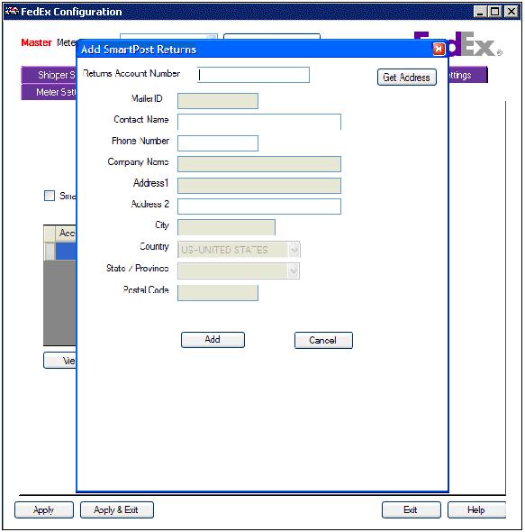 5. Click Add and a pop-up window displays, as shown in Figure 2-41. Figure 2-41: Add FedEx SmartPost Returns Dialog Box 6. Enter a Returns Account number. 7.