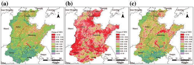 46 J. Zhan et al. Fig. 2.5 Changes of NDVI of the North China Plain during a 2000 2004; b 2004 2008, and c 2000 2008 Land-use change.