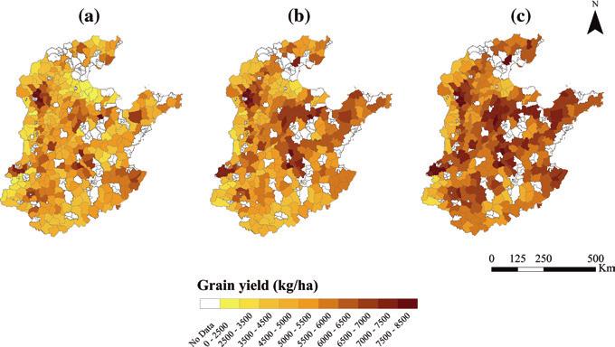 44 J. Zhan et al. Fig. 2.2 County-level grain yield of the North China Plain, a 2000, b 2005, and c 2008 yield at municipality or county level in the year of 2000, 2005, and 2008 is shown in Fig. 2.2. The grains mainly included wheat and maize, but some rice, soybean, and tuber crops were also included.