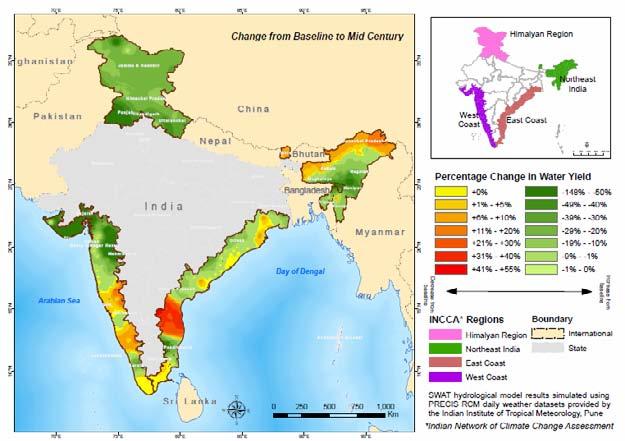 Water yield Himalayan Region: likely to increase North Eastern Region: reduction Western