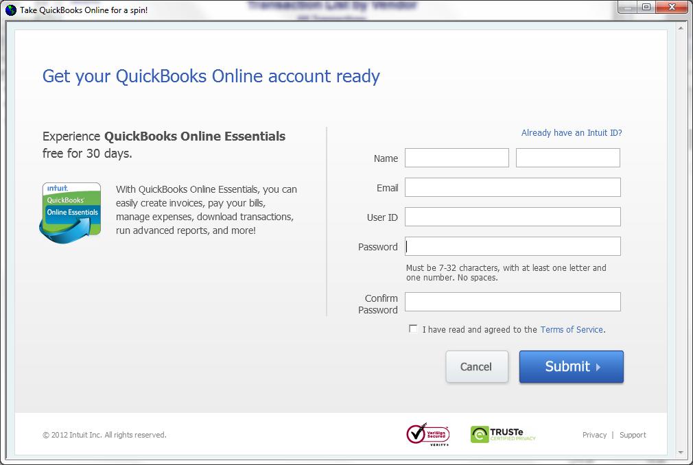 Introduction to QuickBooks Online 15 You ll need to set up a username and password for QuickBooks Online. If you already have an Intuit user id, click the Already Have an Intuit ID link.