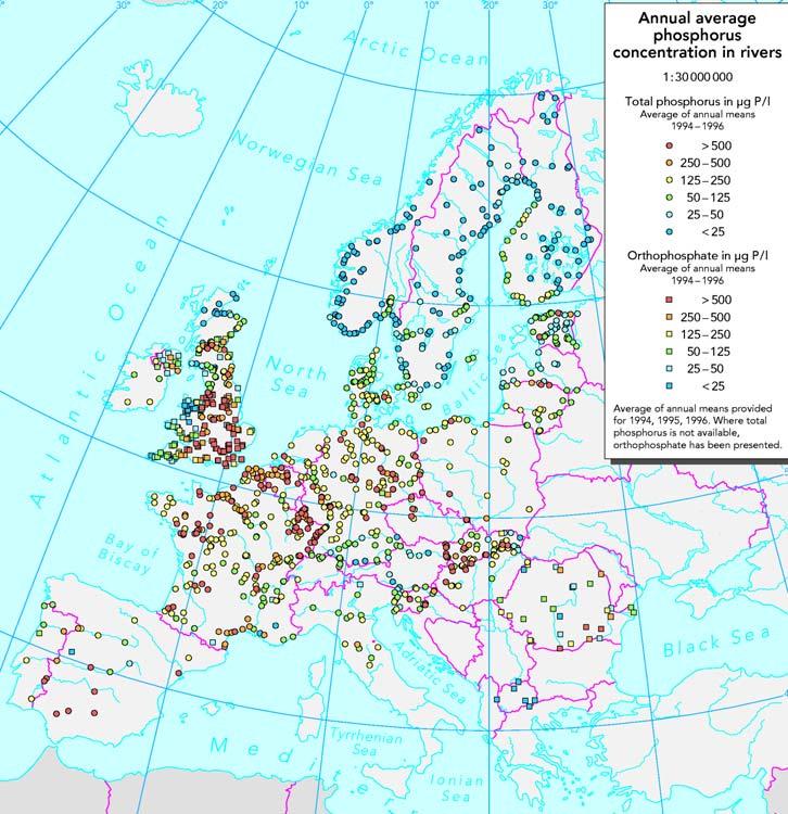 Phosphorus concentration in European rivers og