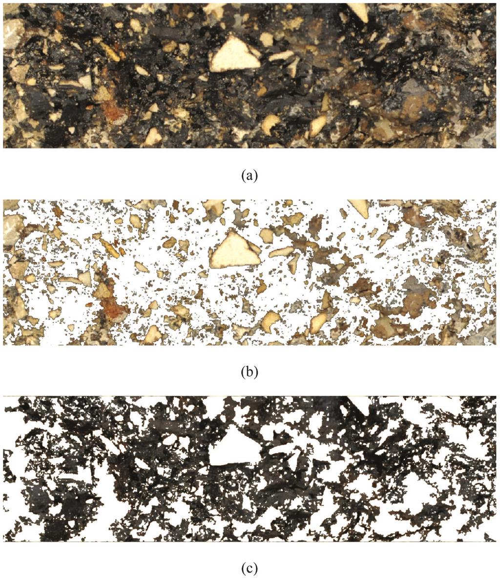 Figure 3.9 Images from DIA process for uncoated aggregate surface area calculation: (a) original image; (b) identified uncoated aggregate image; (c) identified asphalt image.