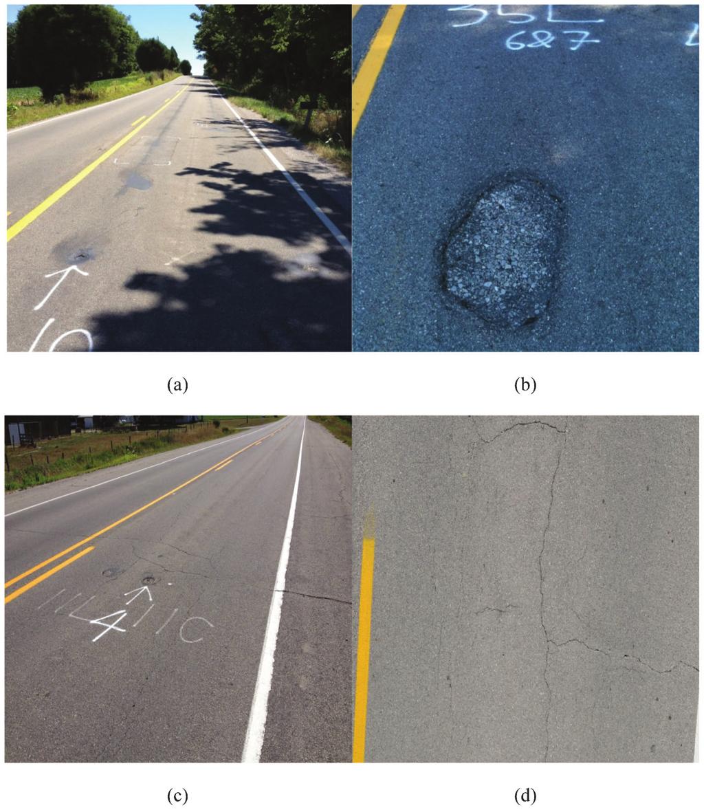 Figure 3.10 Surface distresses on the test section: (a) patch and core holes; (b) pothole; (c) fatigue cracks with core holes; (d) fatigue cracks.