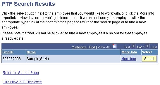 3. When the desired academic employee name appears, choose the More Info link to review current employment status, before